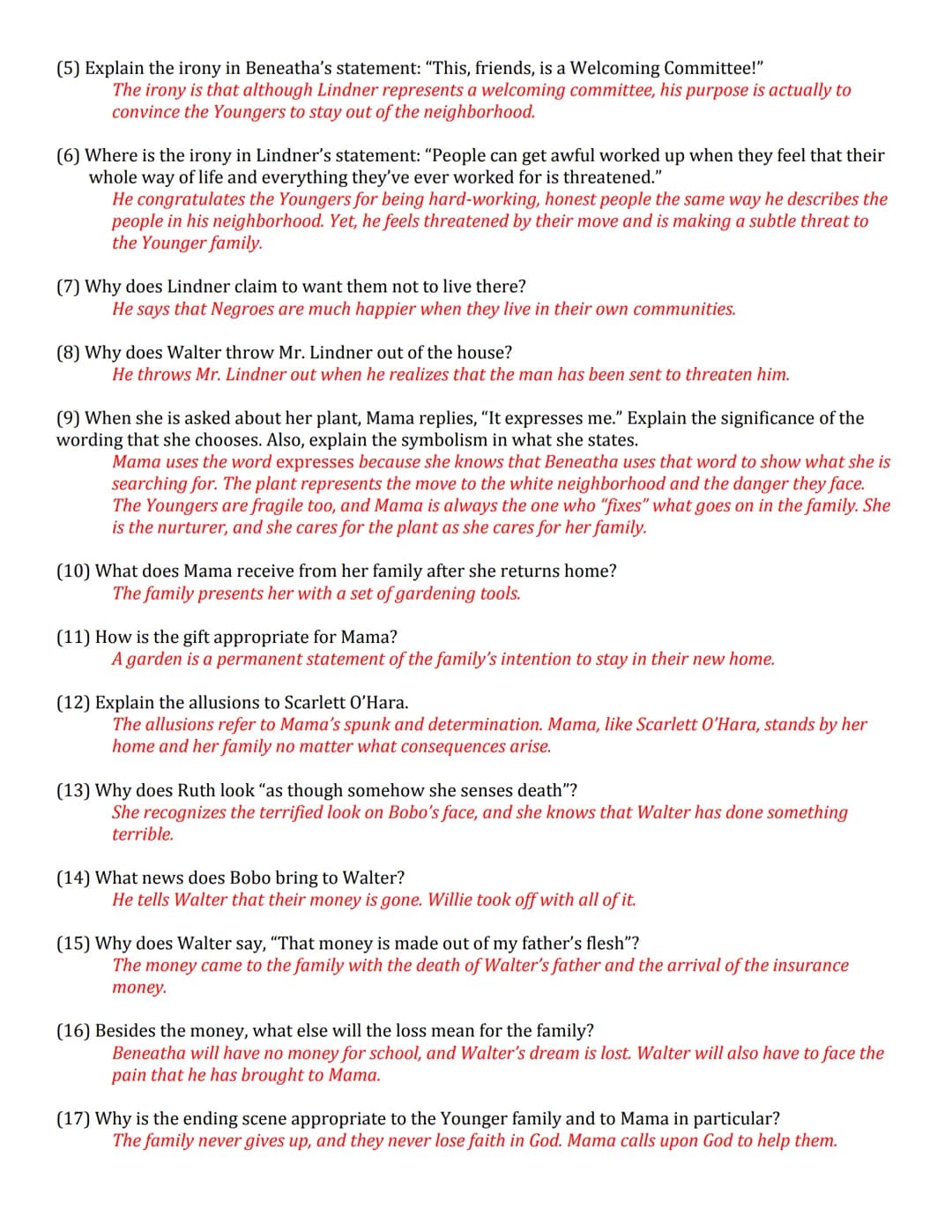 A Raisin in the Sun Act 3: Fun Analysis and Questions