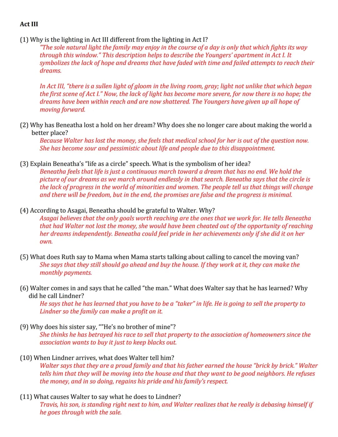 A Raisin in the Sun Act 3: Fun Analysis and Questions