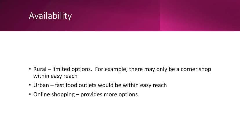 Factors in Food Choice
Part One: PAL, Healthy Eating, Cost, Income, Culinary Skill,
Lifestyle, Seasonality, Availability, Occasion, Enjoymen
