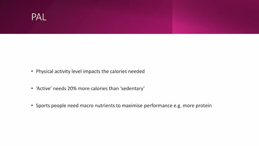 Factors in Food Choice
Part One: PAL, Healthy Eating, Cost, Income, Culinary Skill,
Lifestyle, Seasonality, Availability, Occasion, Enjoymen