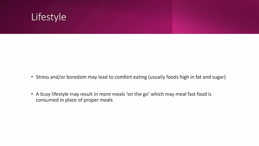Factors in Food Choice
Part One: PAL, Healthy Eating, Cost, Income, Culinary Skill,
Lifestyle, Seasonality, Availability, Occasion, Enjoymen