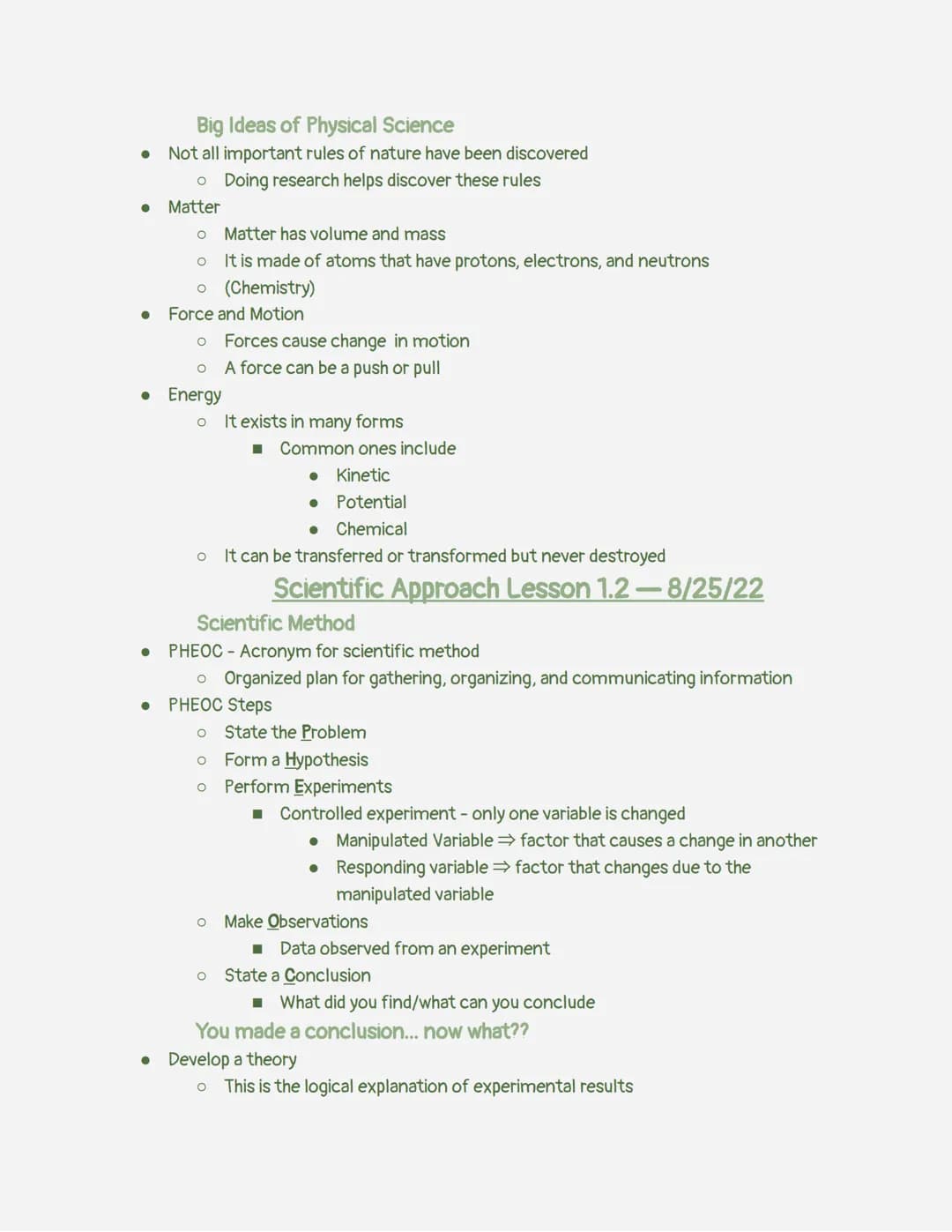 Science
Physical Science Notes
Emmalee E. Smith
Chapter 1 - Science
Overview
Physical Science Lesson 1.1-8/24/22
• System of knowledge and t