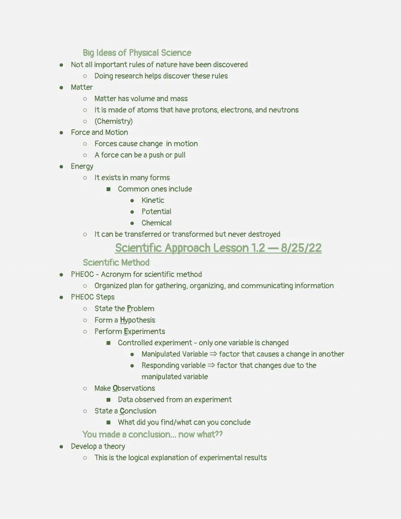 Science
Physical Science Notes
Emmalee E. Smith
Chapter 1 - Science
Overview
Physical Science Lesson 1.1-8/24/22
• System of knowledge and t