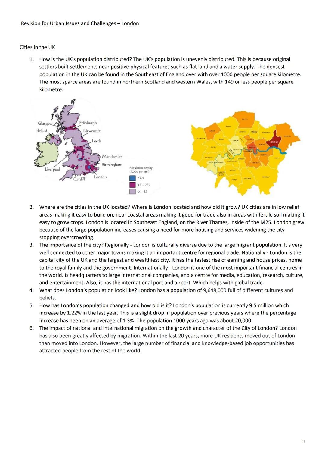 Revision for Urban Issues and Challenges - London
Cities in the UK
1. How is the UK's population distributed? The UK's population is unevenl