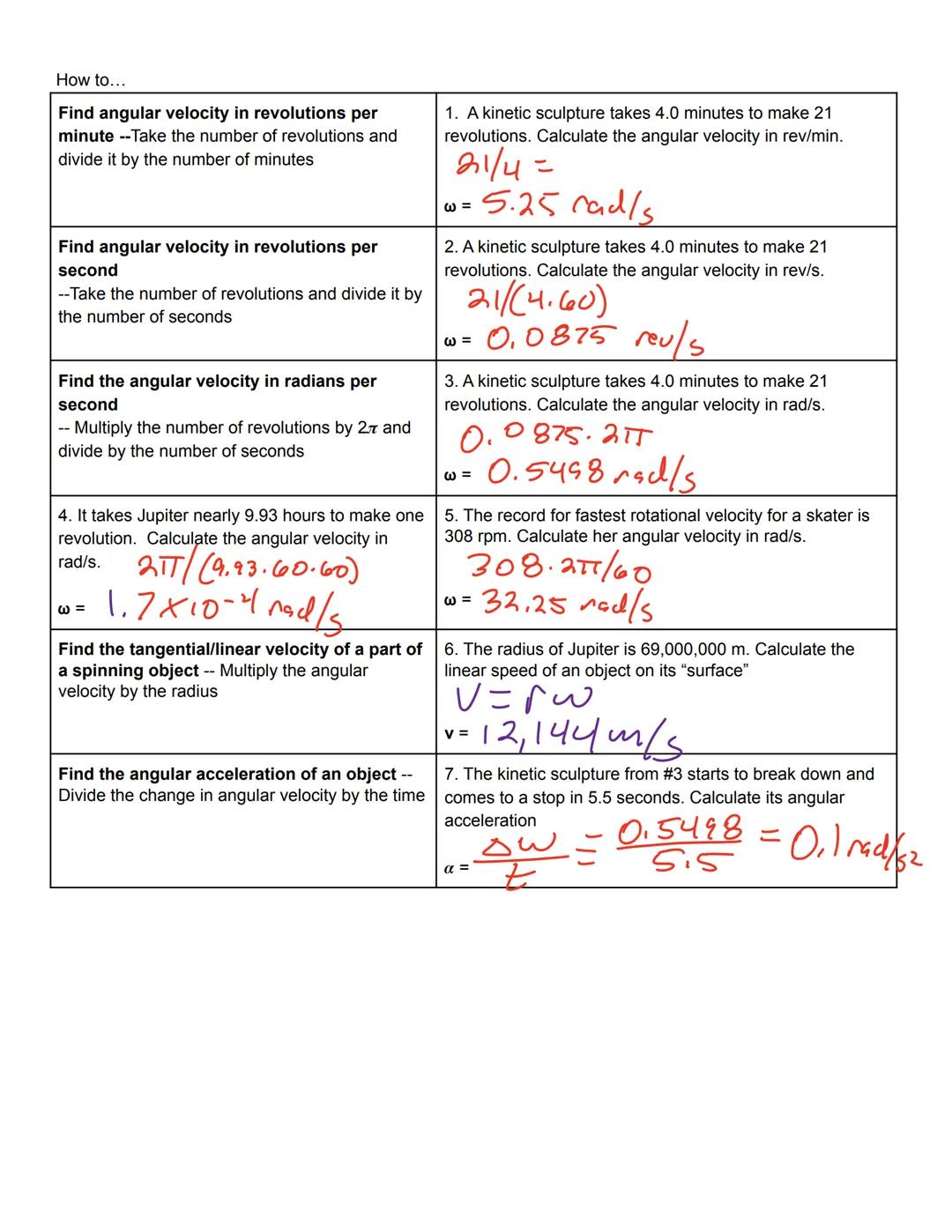 Finding angular velocity and acceleration
1. A record player spins at 33 rpm. Calculate the
angular velocity in revolutions per te and
radia