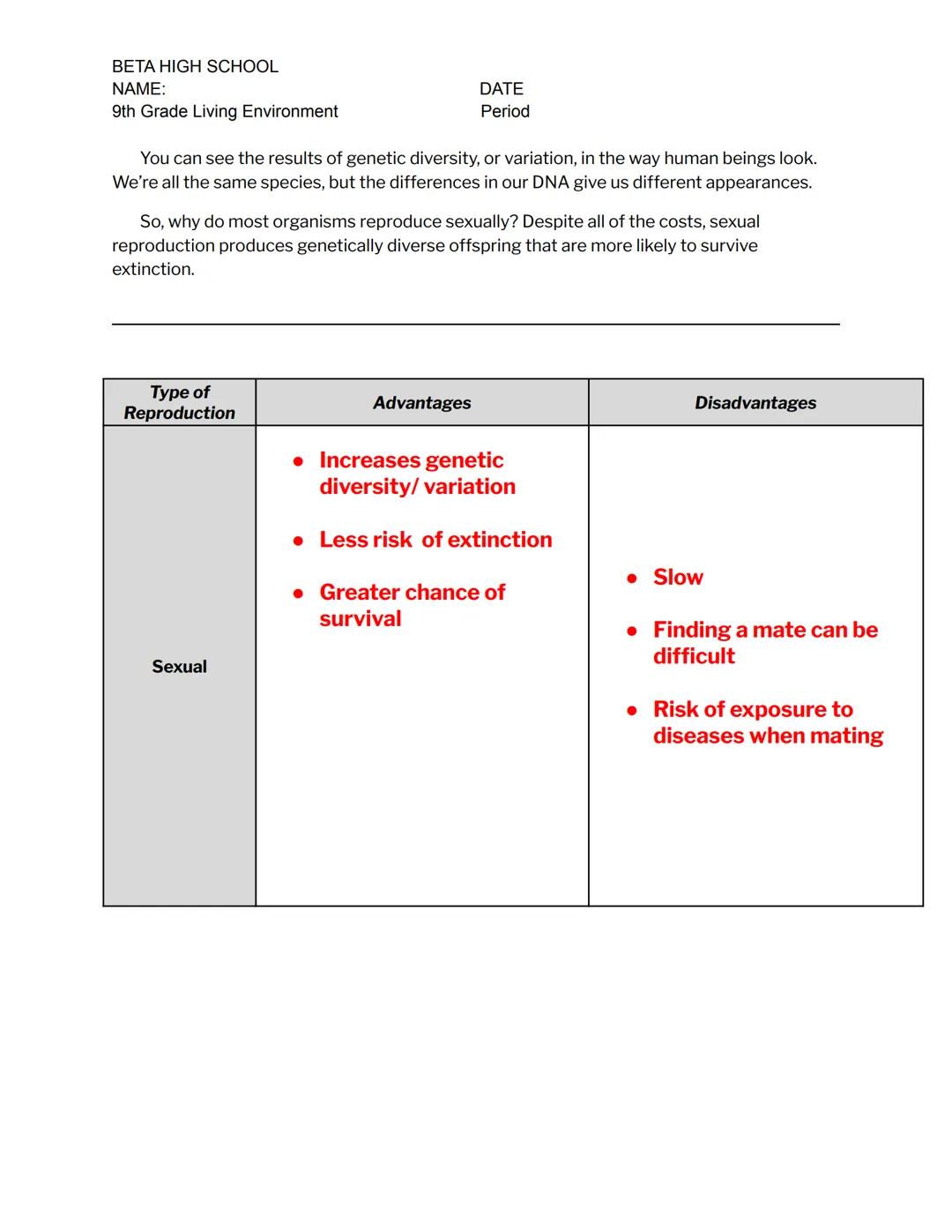 BETA HIGH SCHOOL
NAME:
9th Grade Living Environment
REPRODUCTION: Advantages & Dlsadvantages
1.
Identify the diagrams below as either sexual