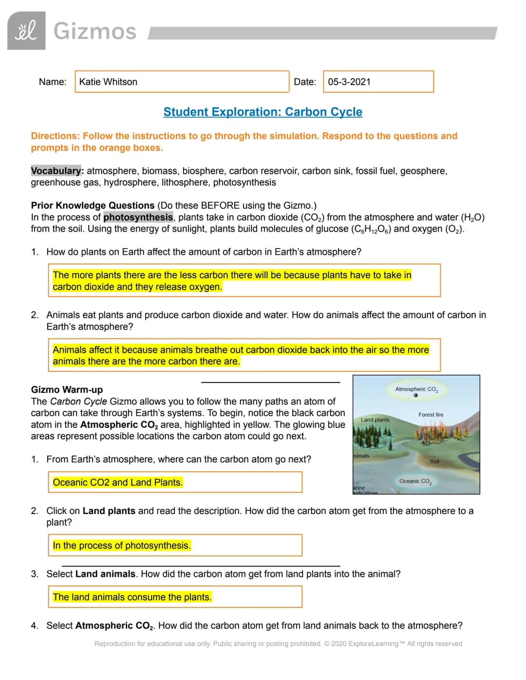 ël Gizmos
Name: Katie Whitson
Student Exploration: Carbon Cycle
Directions: Follow the instructions to go through the simulation. Respond to