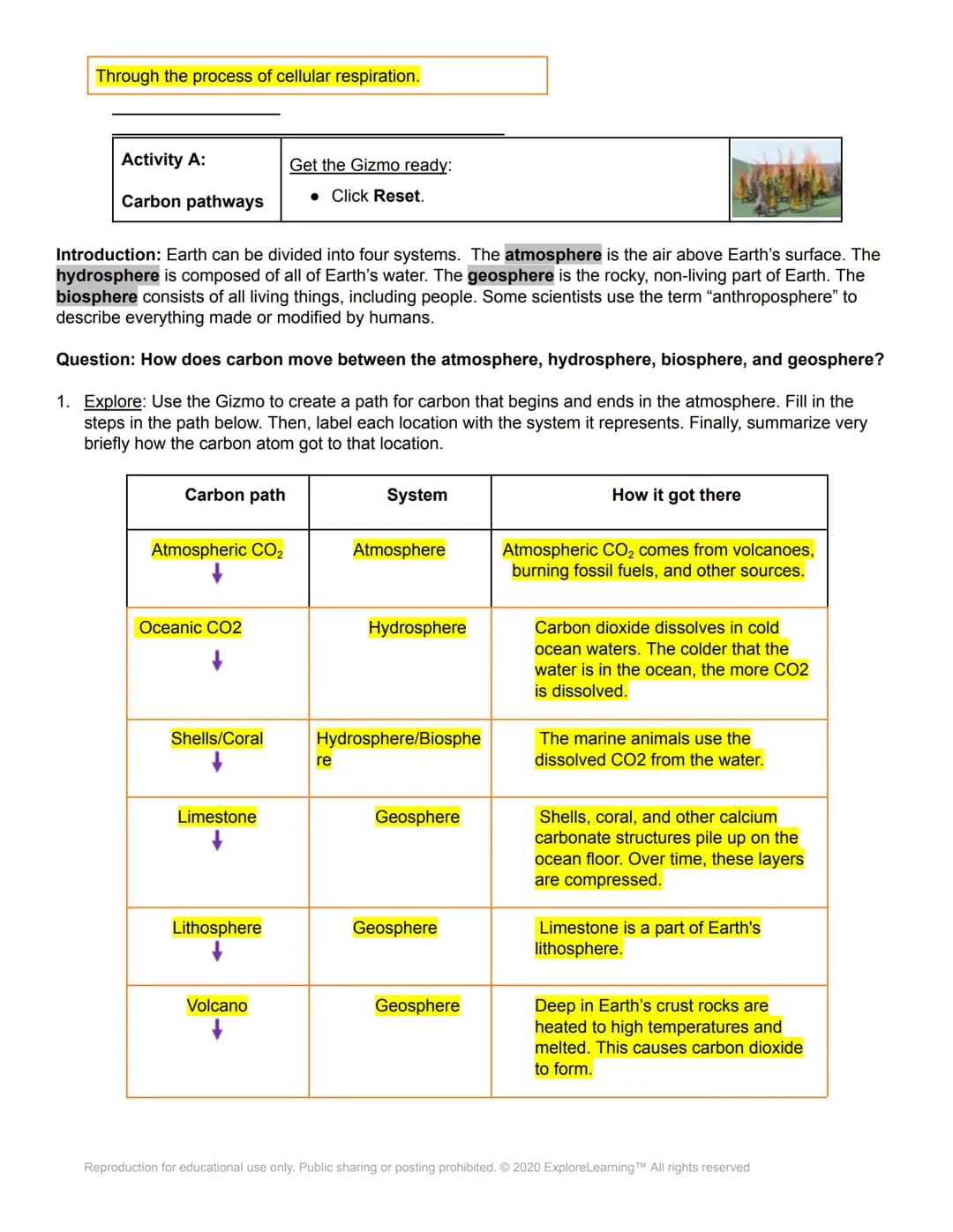 ël Gizmos
Name: Katie Whitson
Student Exploration: Carbon Cycle
Directions: Follow the instructions to go through the simulation. Respond to