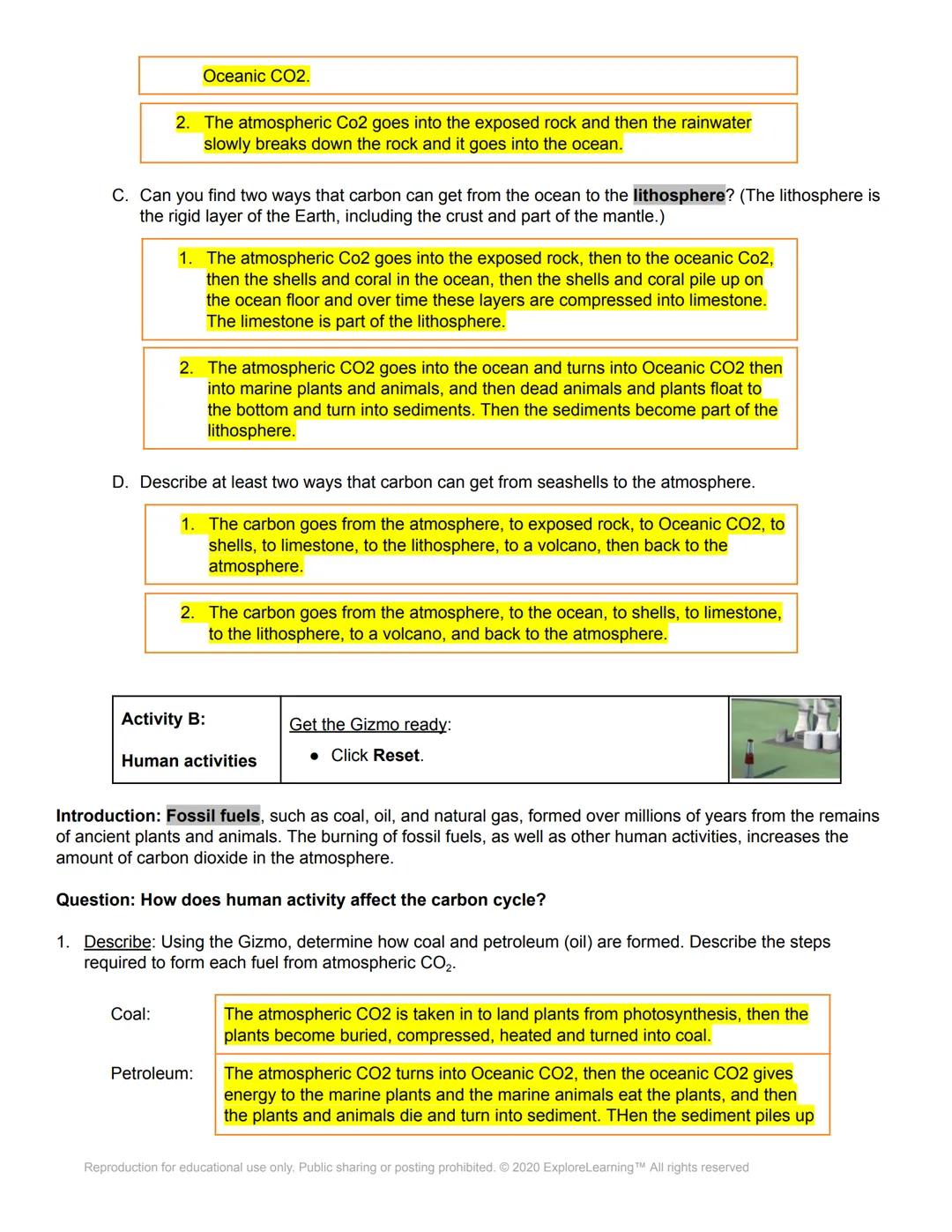 ël Gizmos
Name: Katie Whitson
Student Exploration: Carbon Cycle
Directions: Follow the instructions to go through the simulation. Respond to