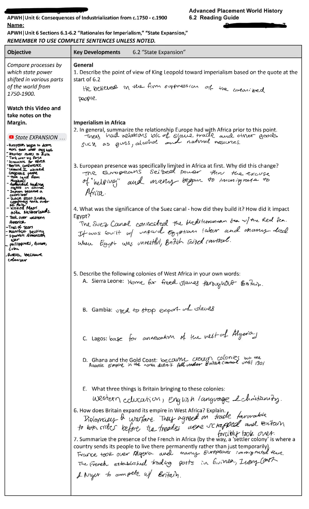 APWH Unit 6.2 reading guide/notes