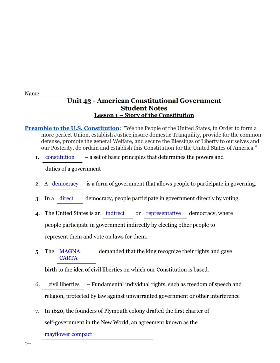 Name
Preamble to the U.S. Constitution: "We the People of the United States, in order to form a
more perfect Union, establish Justice,insure