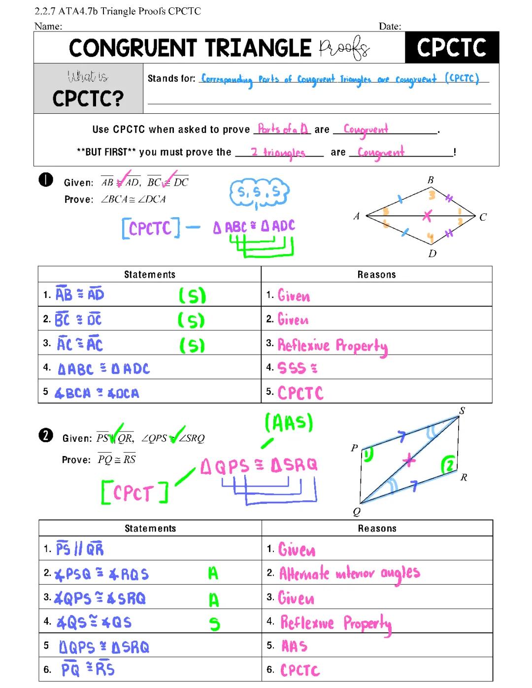 CPCTC Proofs Worksheet with Answers - Easy Steps to Prove Triangle Congruence