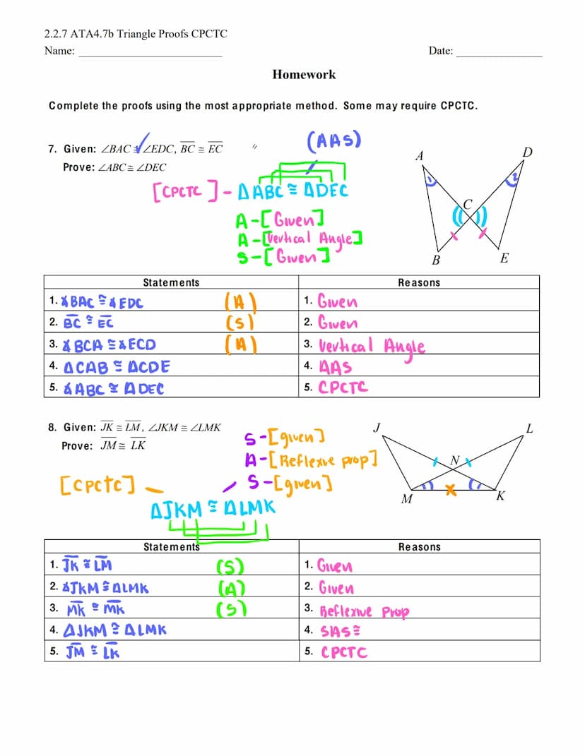 2.2.7 ATA4.7b Triangle Proofs CPCTC
Name:
2
CONGRUENT TRIANGLE Proofs CPCTC
Stands for: Corresponding Parts of Congruent Triangles are Congr