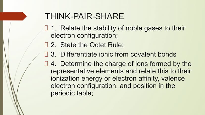 CHEMICAL BONDING THINK-PAIR-SHARE
1. Relate the stability of noble gases to their
electron configuration;
2. State the Octet Rule;
3. Differ