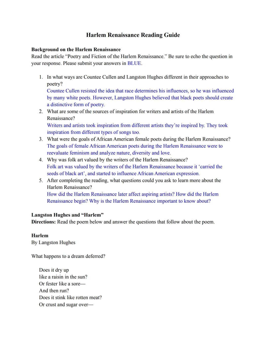 Harlem Renaissance Reading Guide
Background on the Harlem Renaissance
Read the article "Poetry and Fiction of the Harlem Renaissance." Be su