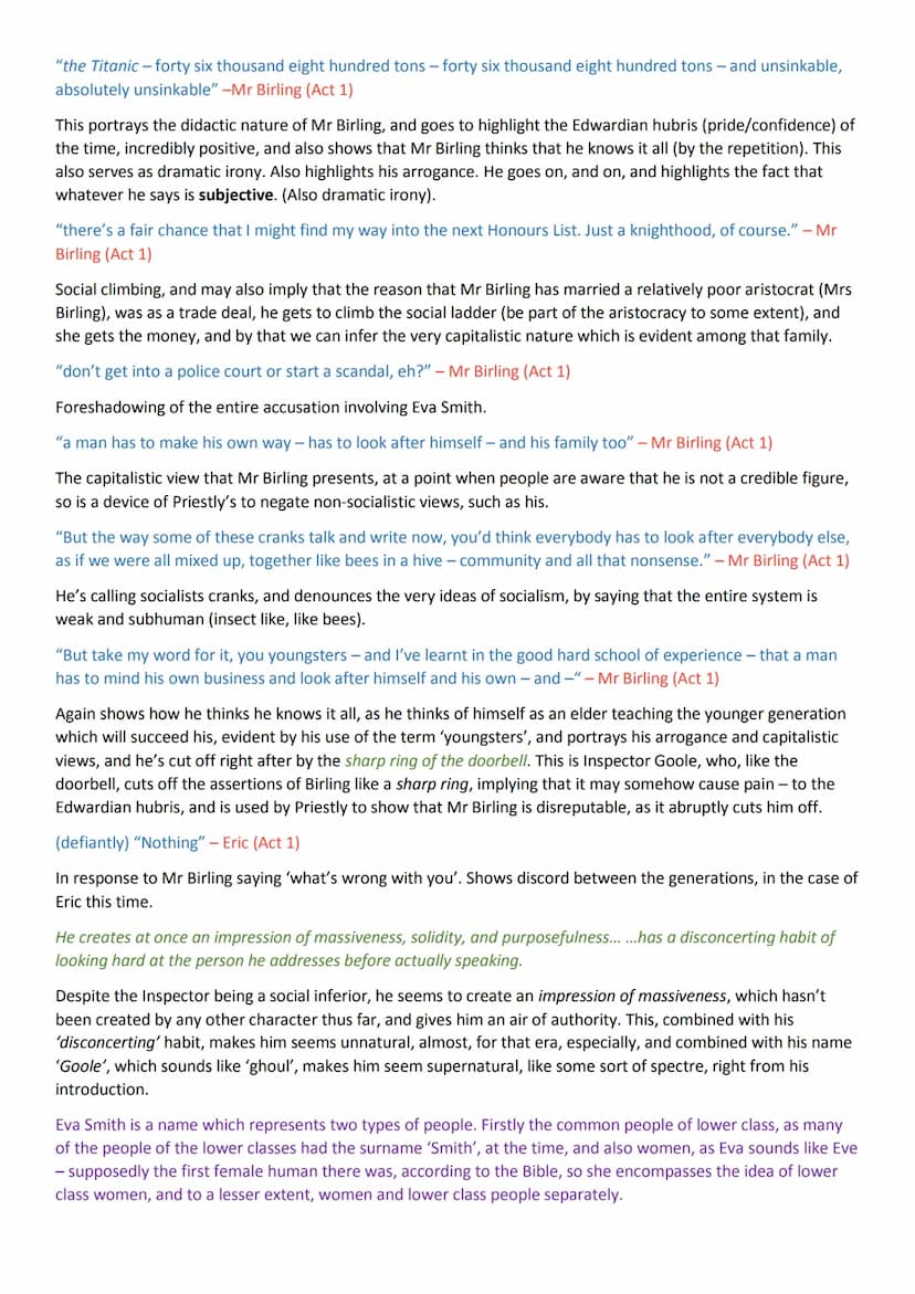 Inspector Calls Key Quotes and Analysis
This colour is the character/act reference, this is for stage directions, this is a quote, this is e