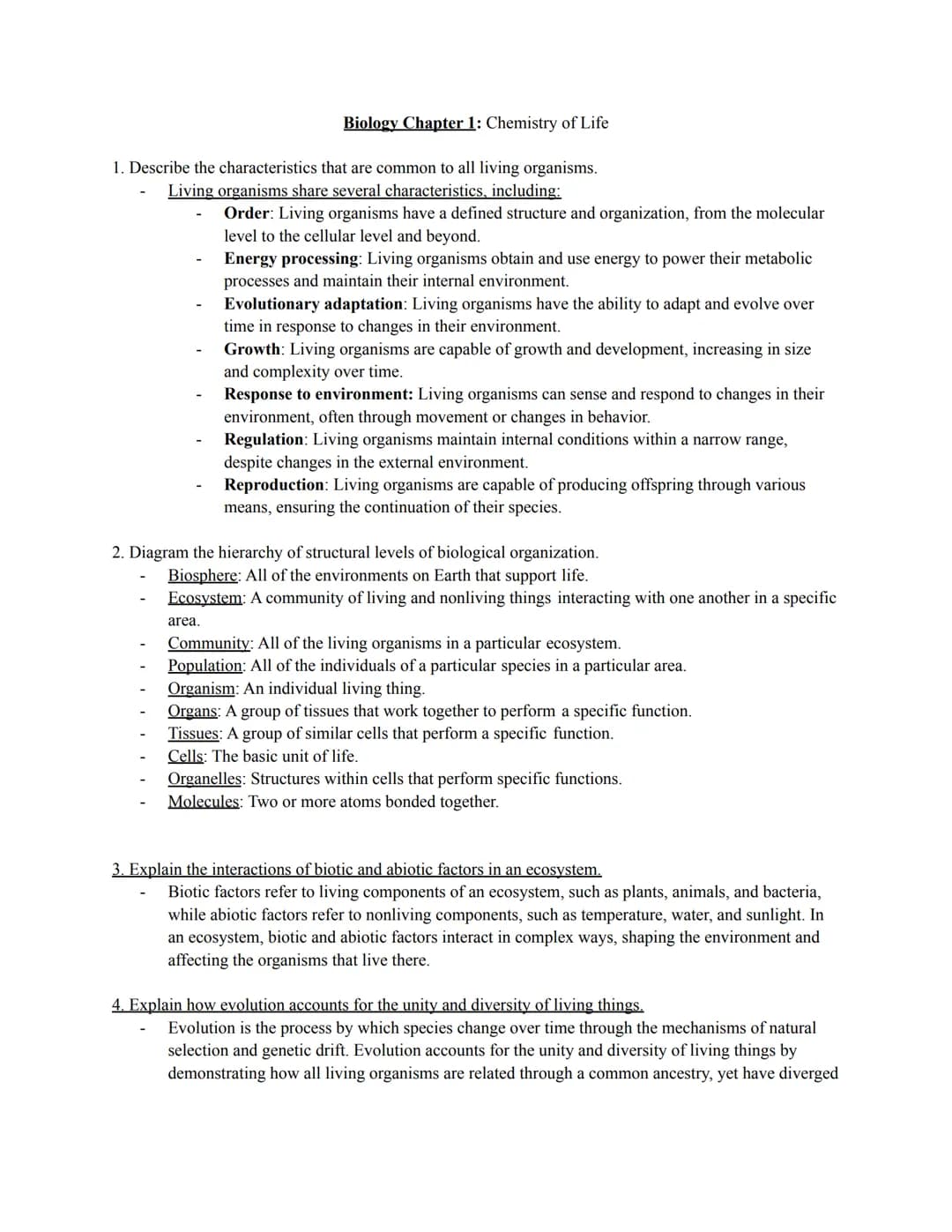 Biology Chapter 1: Chemistry of Life
1. Describe the characteristics that are common to all living organisms.
Living organisms share several