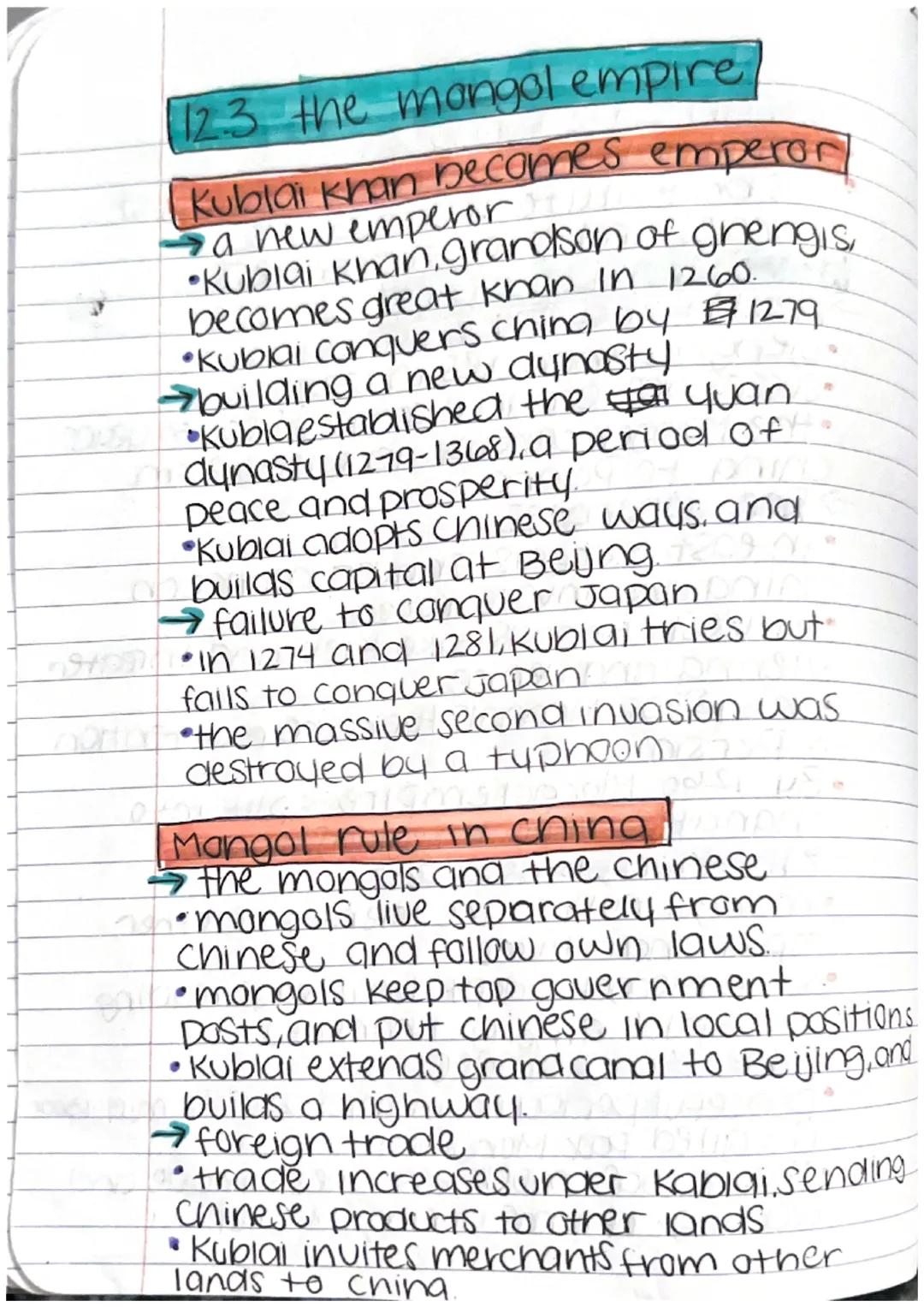 12.3 the mongol empire,
Kublai Khan becomes emperor
a new emperor
•Kublai Khan, grandson of ghengis,
becomes great khan in 1260.
Kublai conq