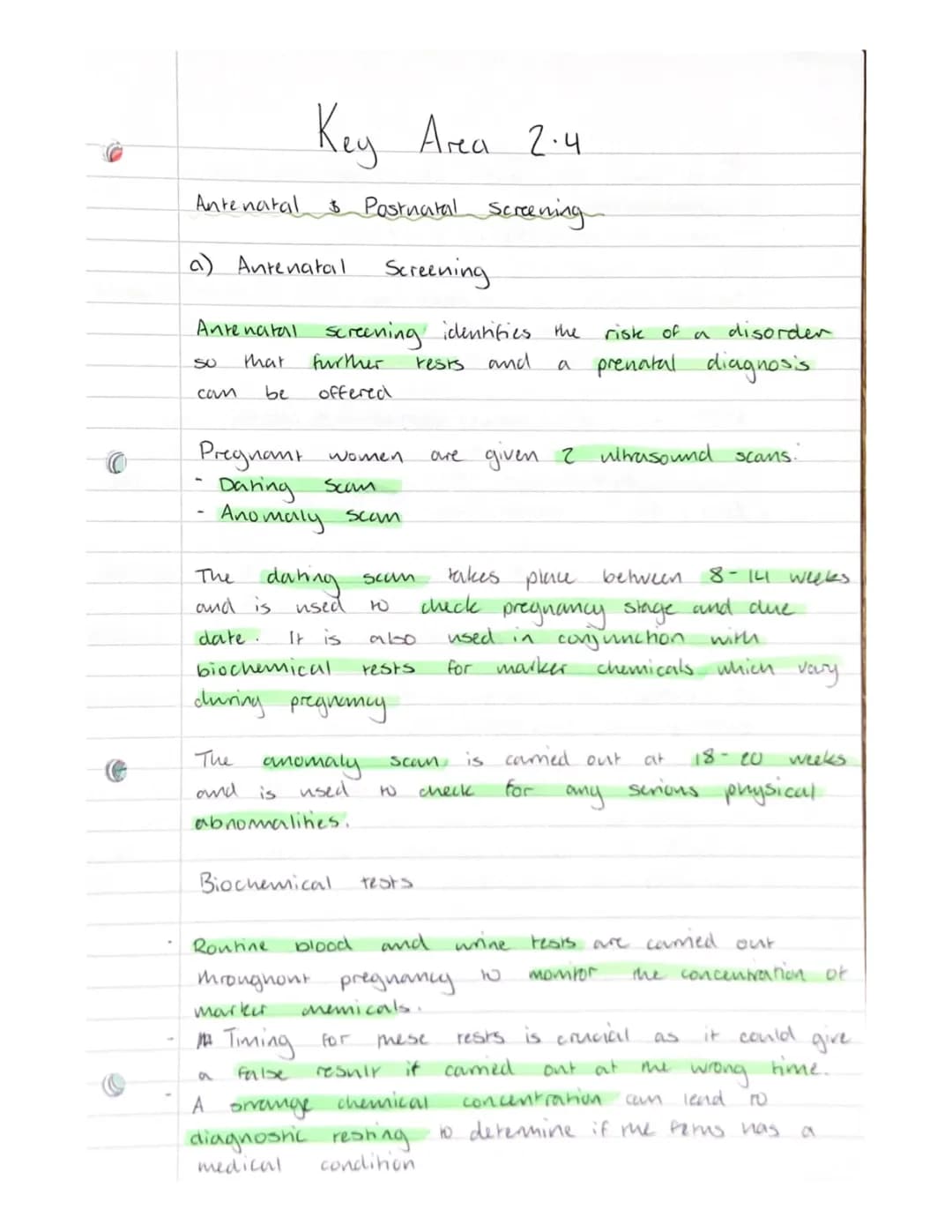 Full Notes Key Area 2.4 Higher Human Biology PDF - Antenatal and Postnatal Screening SQA 2024