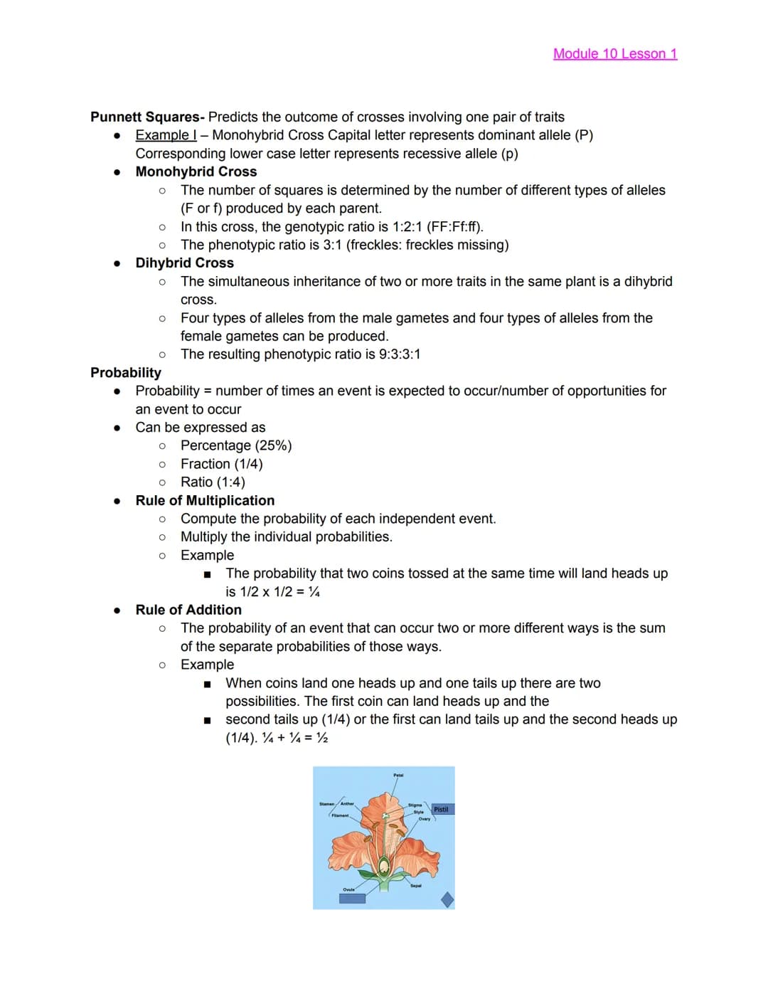 
<h2 id="module10lesson1">Module 10 Lesson 1</h2>
<p>The lesson covers the basics of Mendelian Genetics and introduces Gregor Mendel, known 