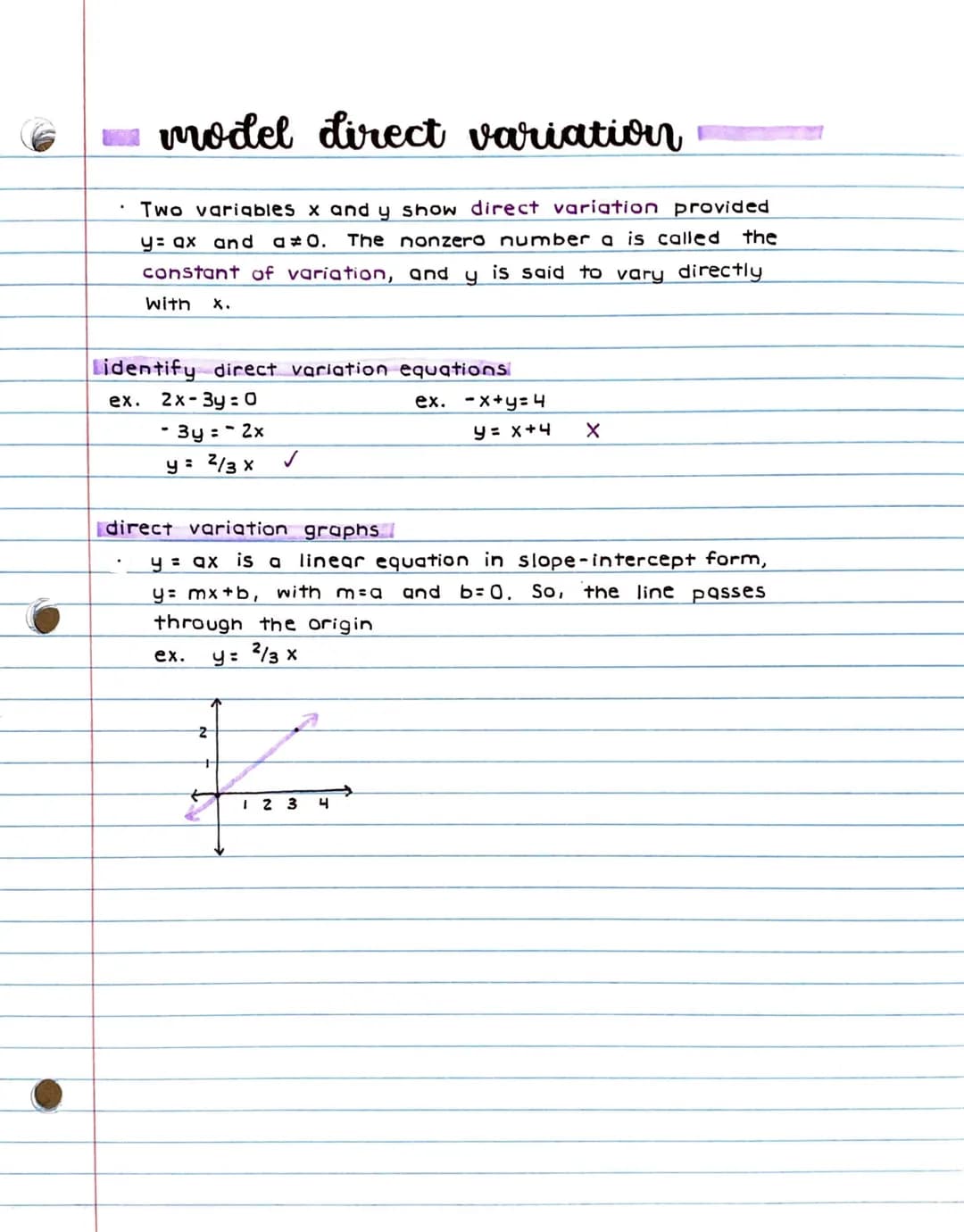 model direct variation
Two variables x and y show direct variation provided
y= ax and a 0. The nonzero number a is called
constant of variat
