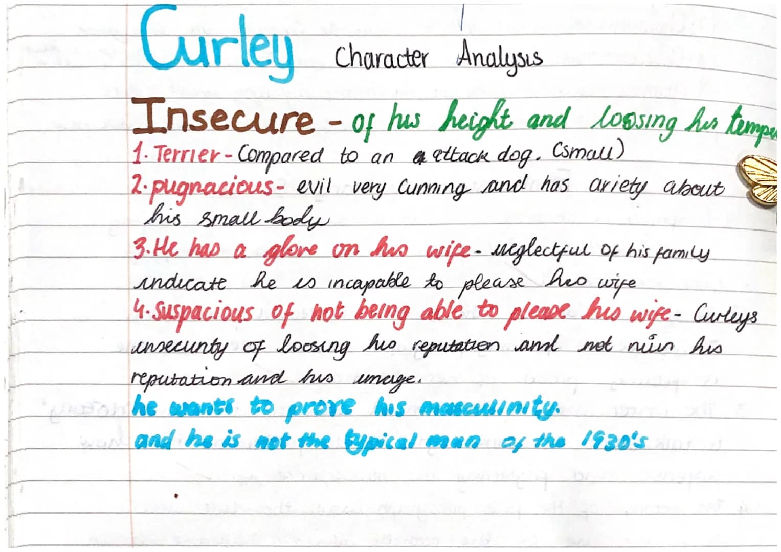 
<p>In John Steinbeck's novel, Of Mice and Men, Curley is portrayed as an insecure and aggressive character. His small stature leads him to 