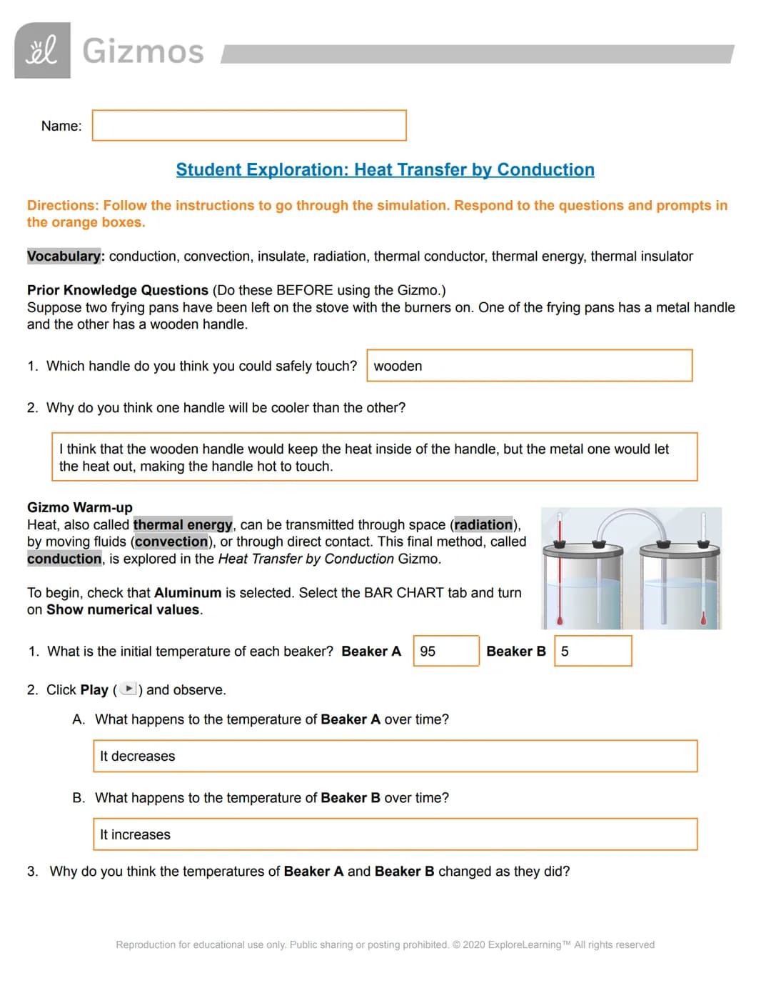el Gizmos
Name:
Student Exploration: Heat Transfer by Conduction
Directions: Follow the instructions to go through the simulation. Respond t