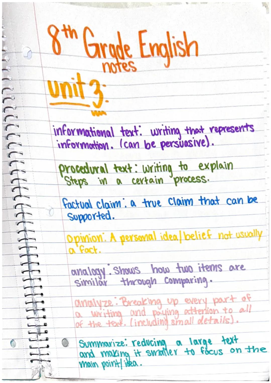 8th Grade English Unit 3: Easy Notes on Understanding Texts