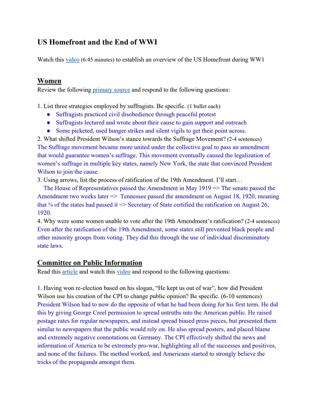 US Homefront and the End of WWI
Watch this video (6:45 minutes) to establish an overview of the US Homefront during WW1
Women
Review the fol