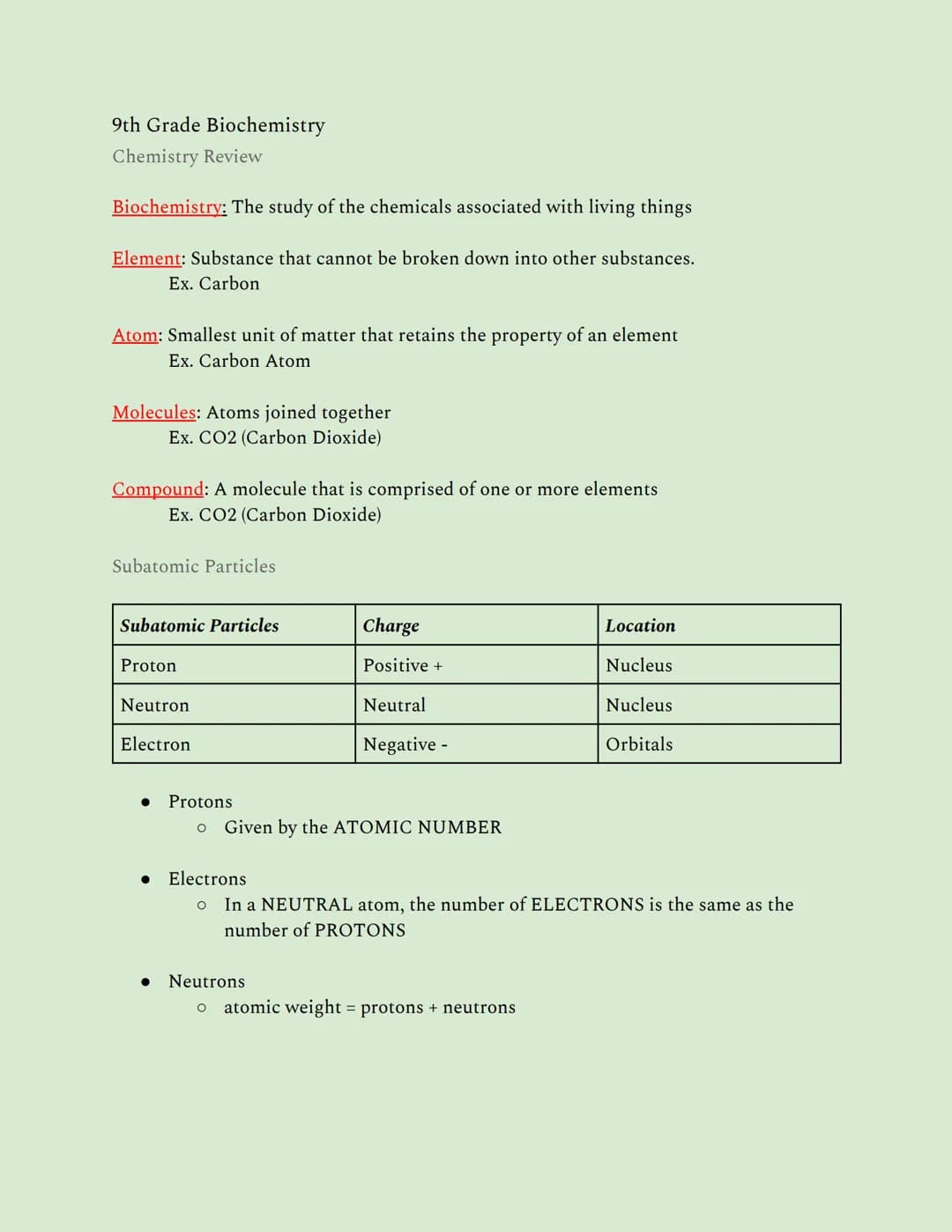 9th Grade Biochemistry
Chemistry Review
Biochemistry: The study of the chemicals associated with living things
Element: Substance that canno