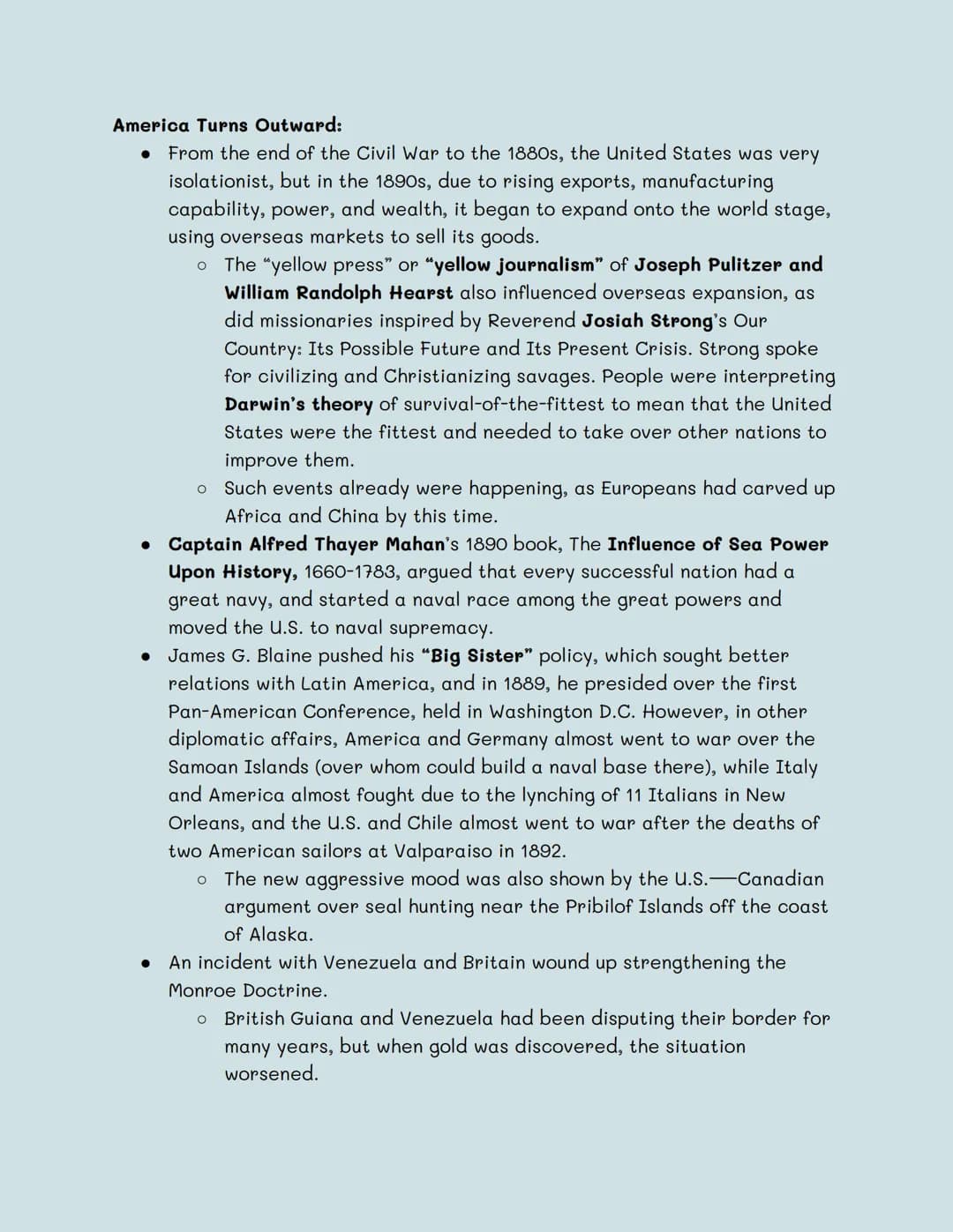 
<p>From the end of the Civil War to the 1880s, the United States was very isolationist, but in the 1890s, due to rising exports, manufactur