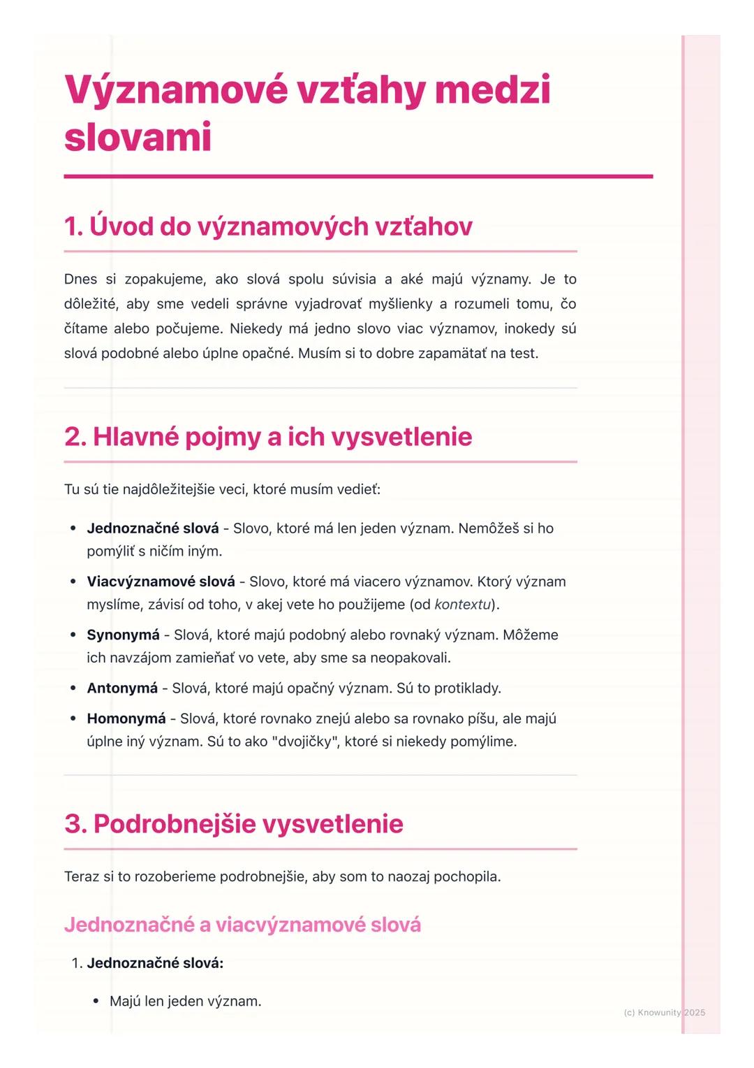 # Významové vzťahy medzi
slovami

1. Úvod do významových vzťahov

Dnes si zopakujeme, ako slová spolu súvisia a aké majú významy. Je to
dôle