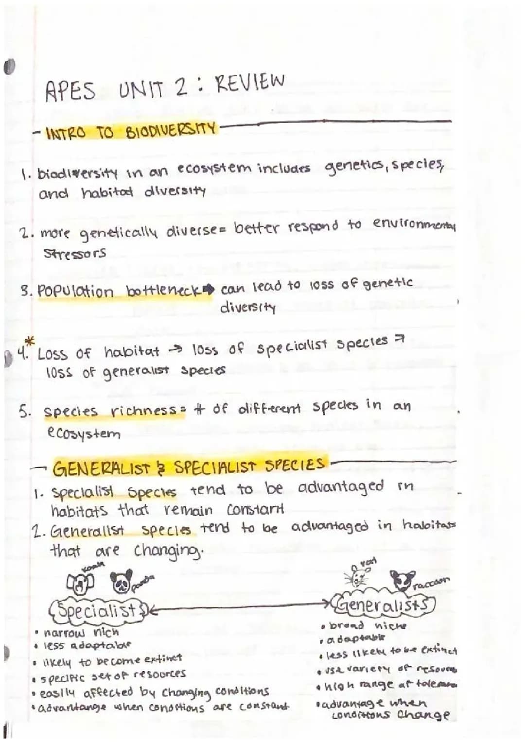 APES Unit 2 Review: Biodiversity, Genetic Diversity, and More