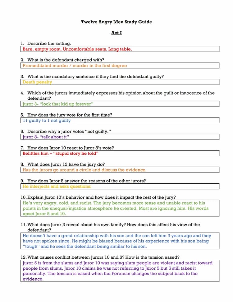 12 Angry Men: Easy Study Guide &amp; Act Summaries PDF (English 