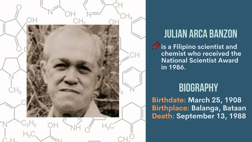 ХХ
ХХ
X X
X X
FILIPINO
SCIENTISTS
and their
CONTRIBUTIONS
GROUP 8 SCIENCE AND TECHNOLOGY JULIAN BANZON N
00
CH3
OH
C₂H.
C
C₂H5
H₂C
OH
SN
OH 