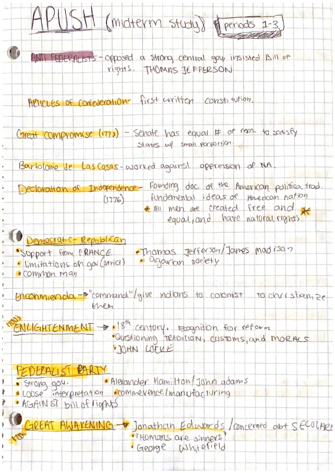 #
1
}
F
APUSH (midterm study)
(midterm study periods 1-3
ANTI FEDERALISTS- Opposed a strong central gov, insisted Bill of
rights. THOMAS JEF