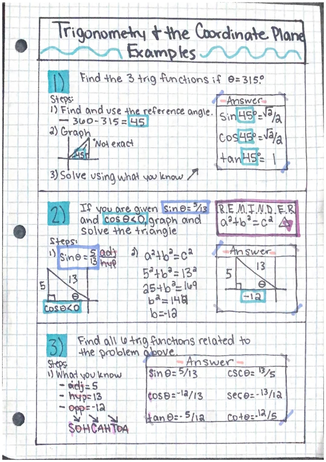 SOHCAH TOA
↓ ↓
Sin-opposite hypot nuse
cos-adiacent hypotnuse
tan= opposite
adjacent
45
10
5√3
5√2
Trigonometry and the
Coordinate Plane
5
5