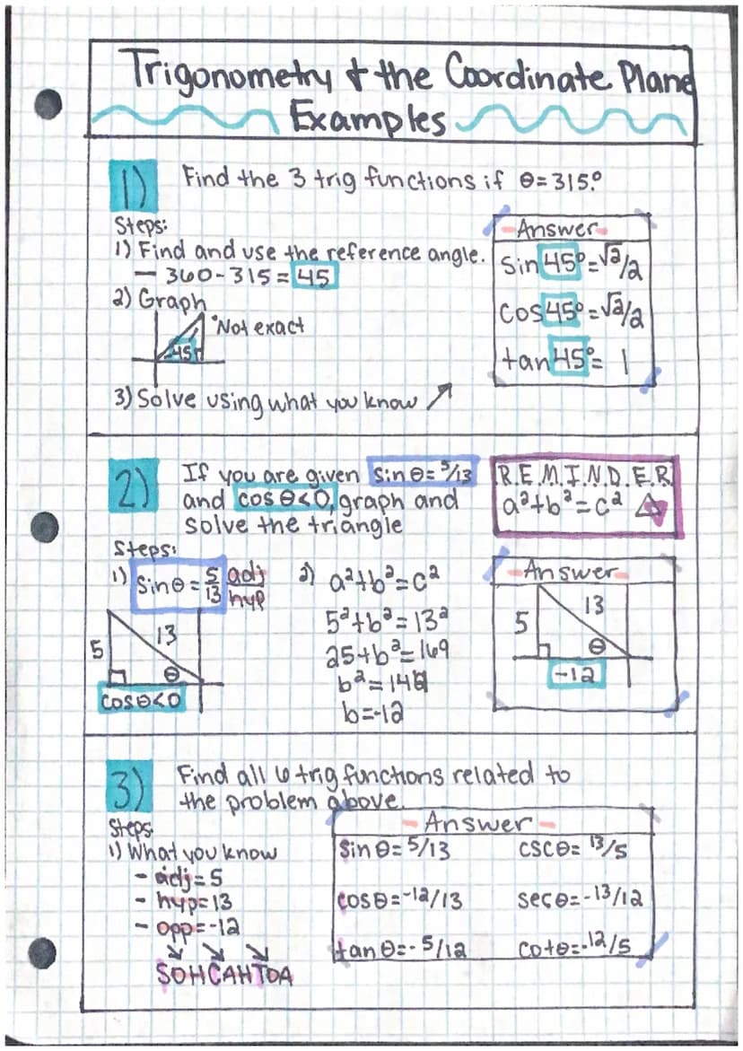 SOHCAH TOA
↓ ↓
Sin-opposite hypot nuse
cos-adiacent hypotnuse
tan= opposite
adjacent
45
10
5√3
5√2
Trigonometry and the
Coordinate Plane
5
5