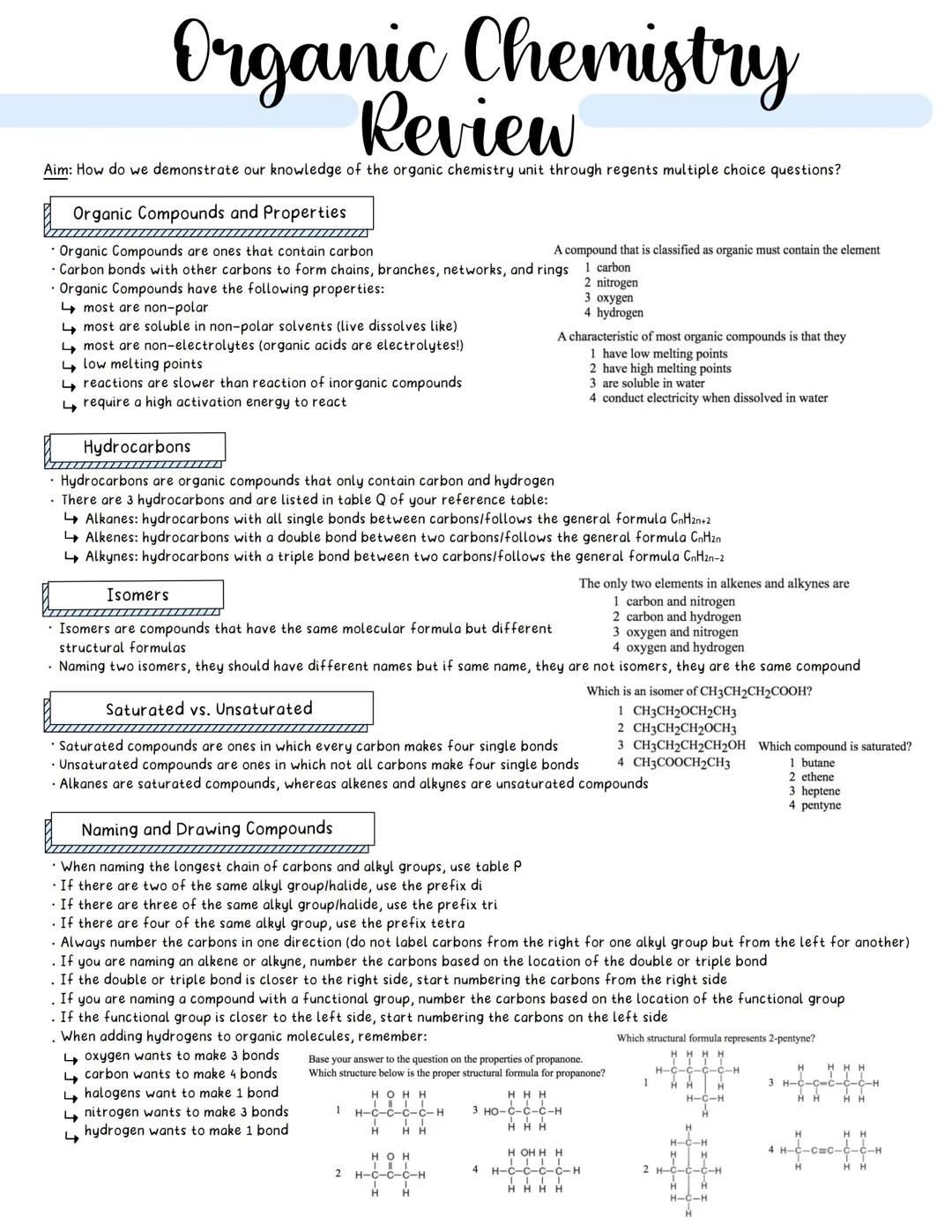 Organic Chemistry Review: Naming, Reactions, and Structures