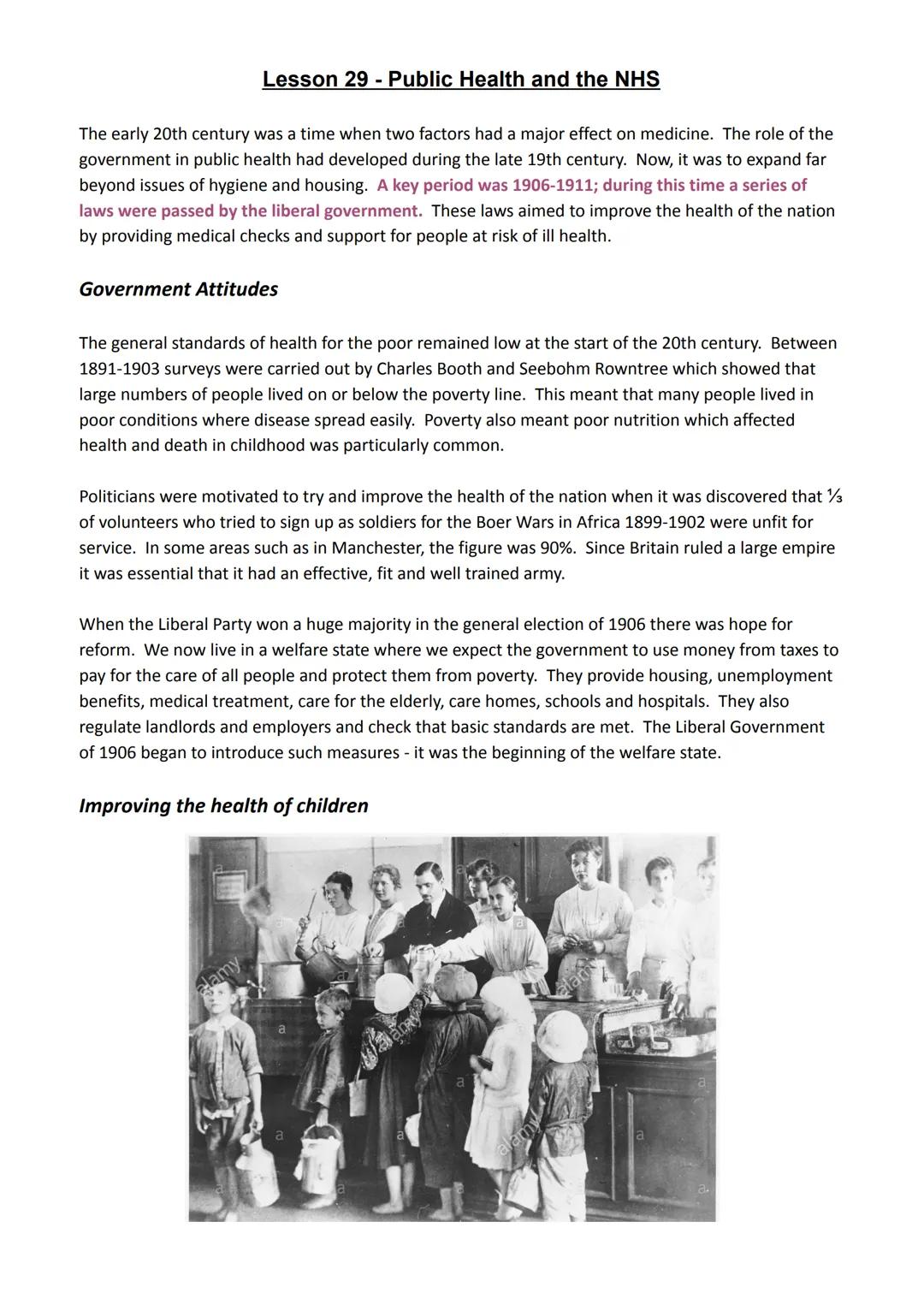 Lesson 29 - Public Health and the NHS
The early 20th century was a time when two factors had a major effect on medicine. The role of the
gov