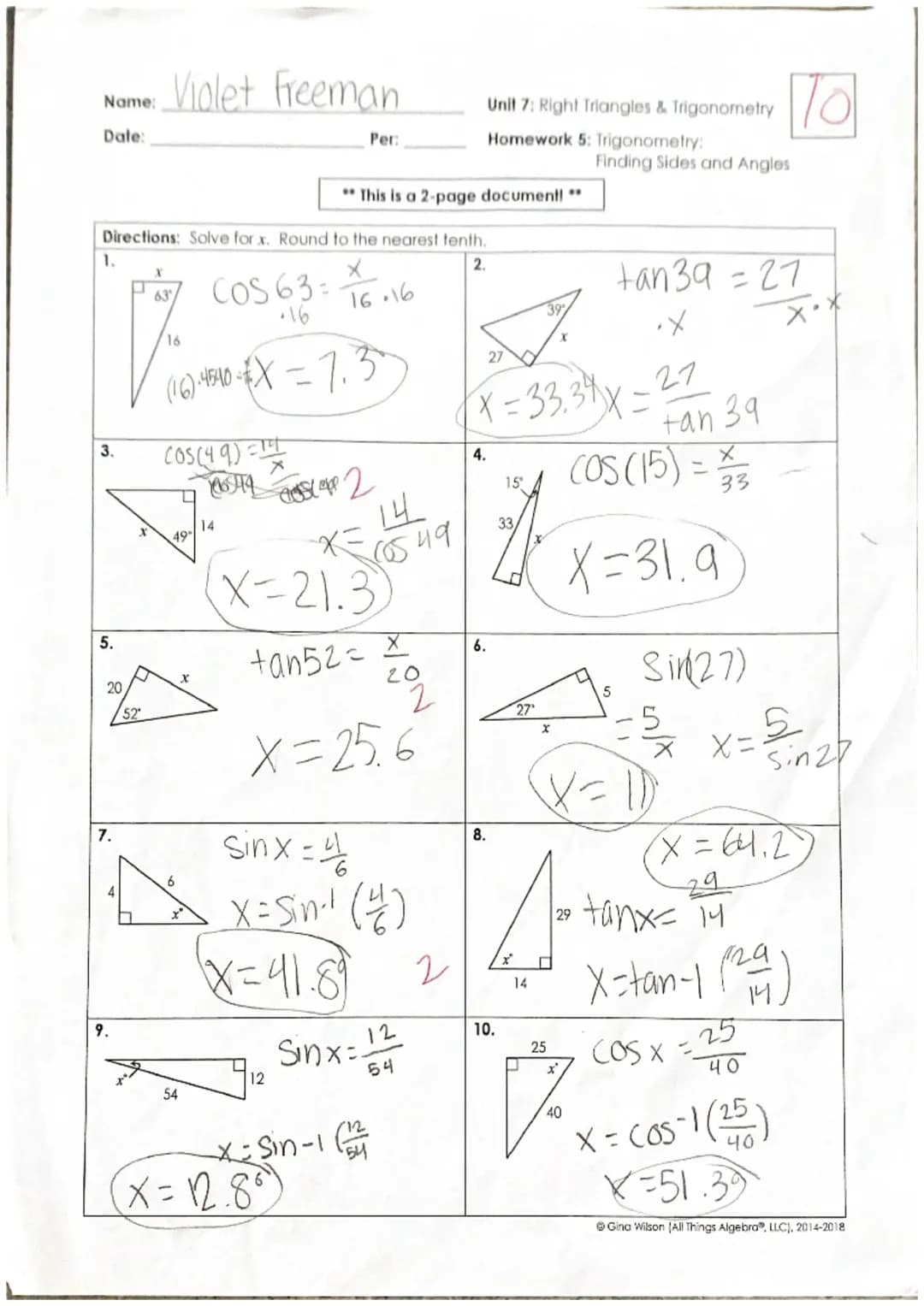 Unit 7: Right Triangles & Trigonometry Homework 5: Trigonometry: Finding Sides And Angles