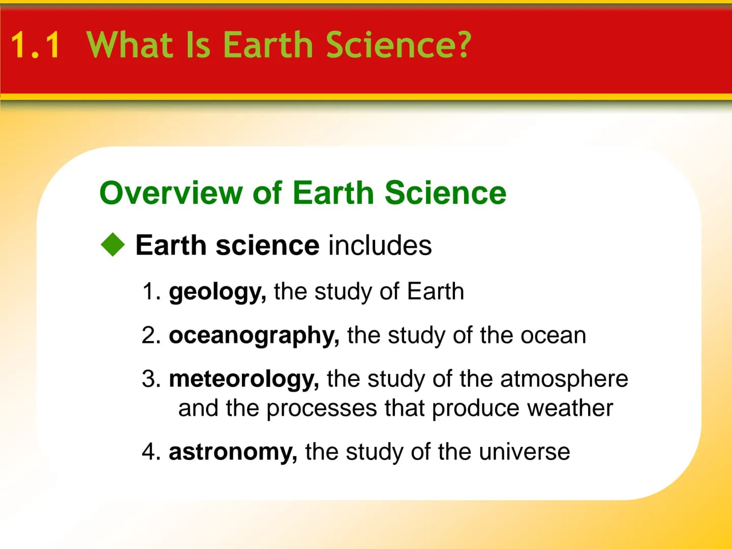 1.1 What Is Earth Science?
Overview of Earth Science
Earth science includes
1. geology, the study of Earth
2. oceanography, the study of the