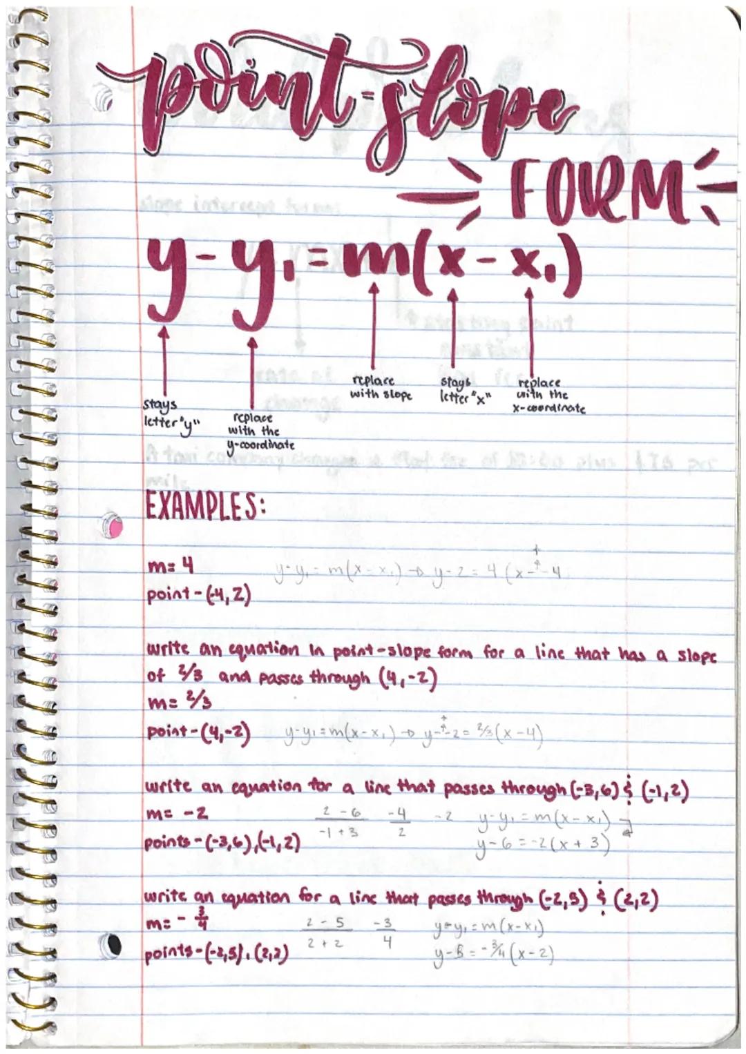 # point slope

dope intercept f

# FORM

$y-y_1 = m(x-x_1)$

replace
with slope

Stays
letter "x"

Stays
letter'y"

replace
cwith the
x-coor