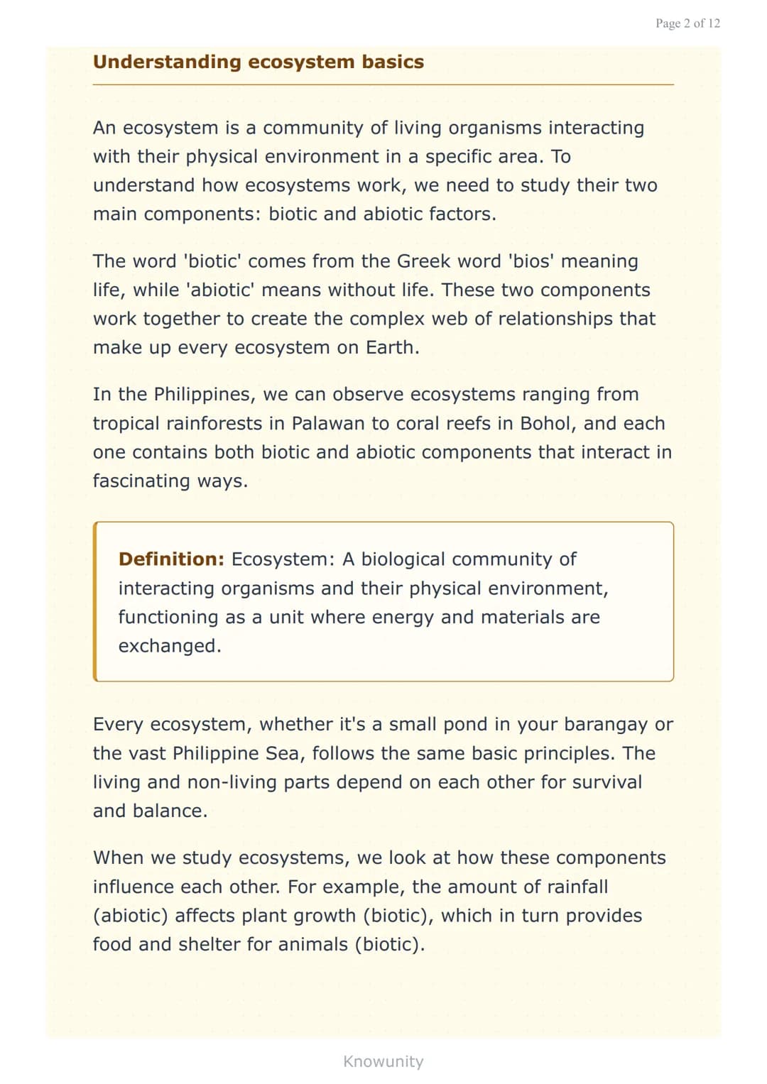 # Ecosystem components: Biotic and abiotic interactions in
nature

Understanding living and non-living parts of
ecosystems and their roles

