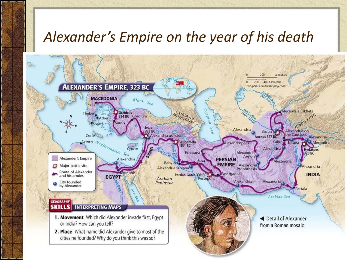 Hellenistic Greece
----I- Alexander's Empire on the year of his death
ALEXANDER'S EMPIRE, 323 BC
N
**.
MACEDONIA
Pella
Thebes
City founded
b
