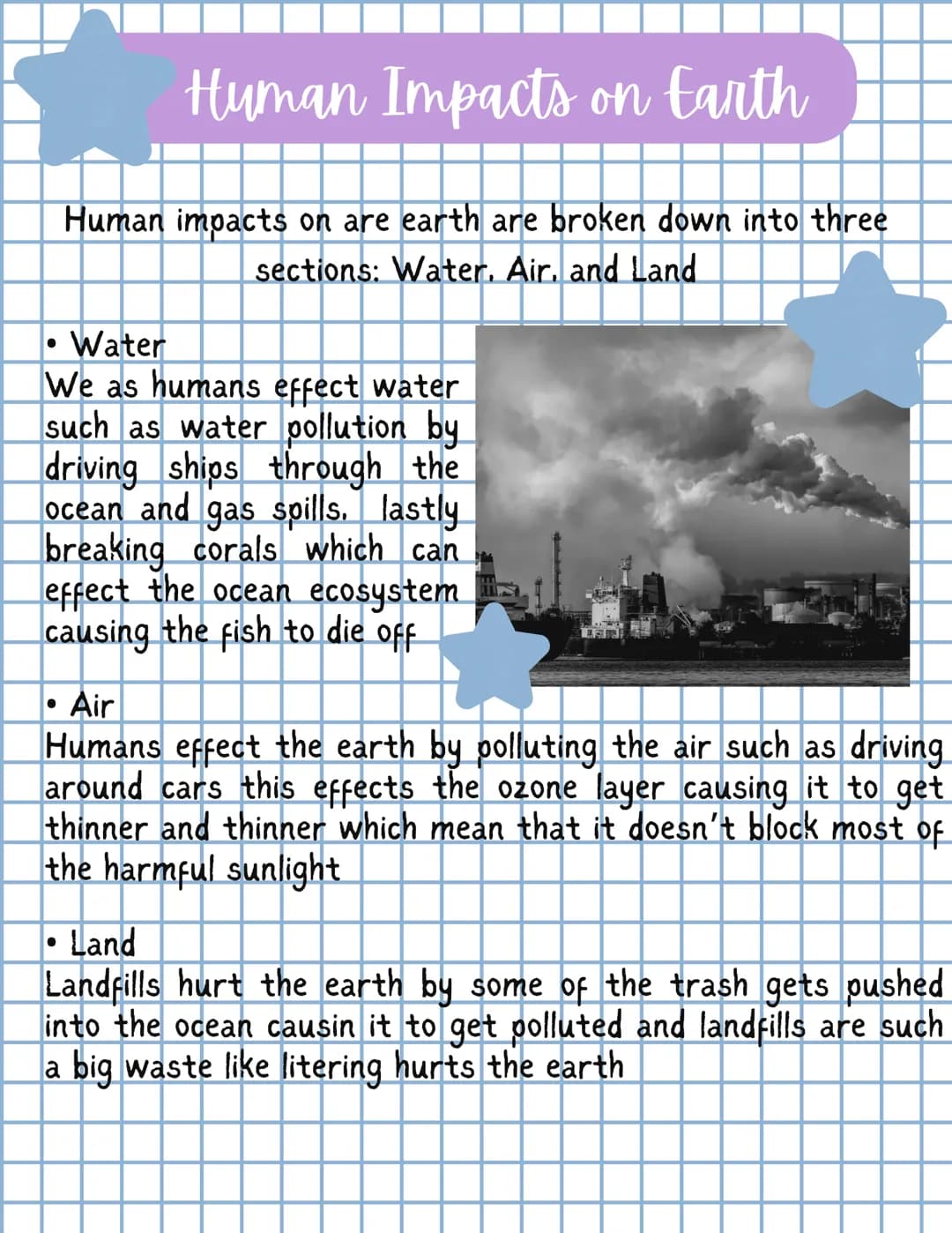 ●
Water
We as humans effect water
such as water pollution by
driving ships through the
ocean and gas spills. lastly
breaking corals which ca