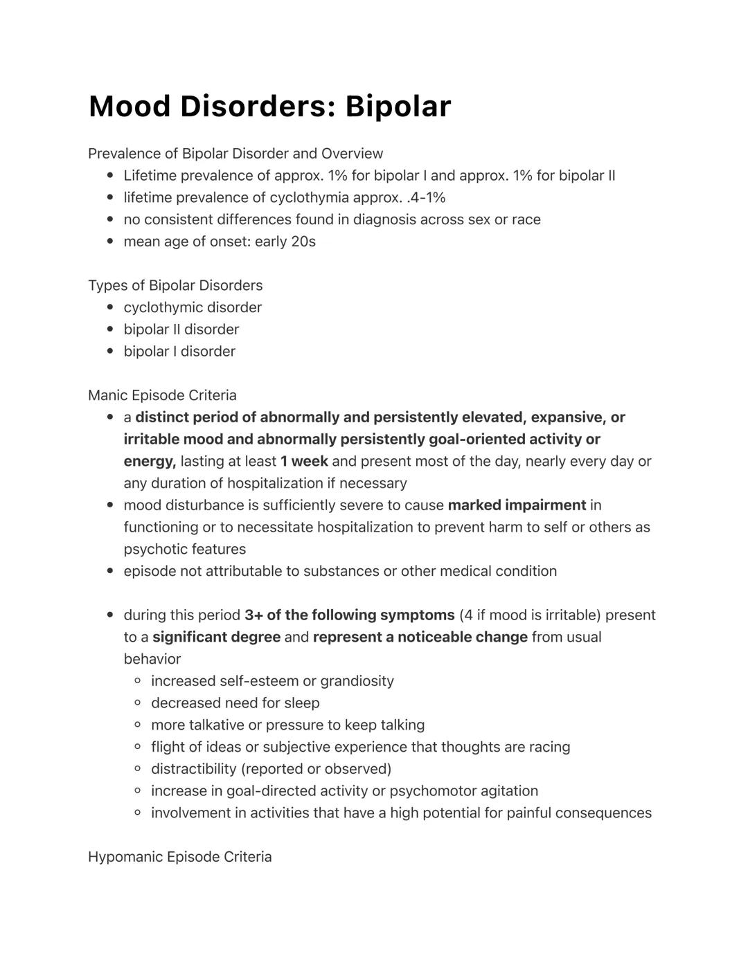 Mood Disorders: Bipolar
Prevalence of Bipolar Disorder and Overview
• Lifetime prevalence of approx. 1% for bipolar I and approx. 1% for bip