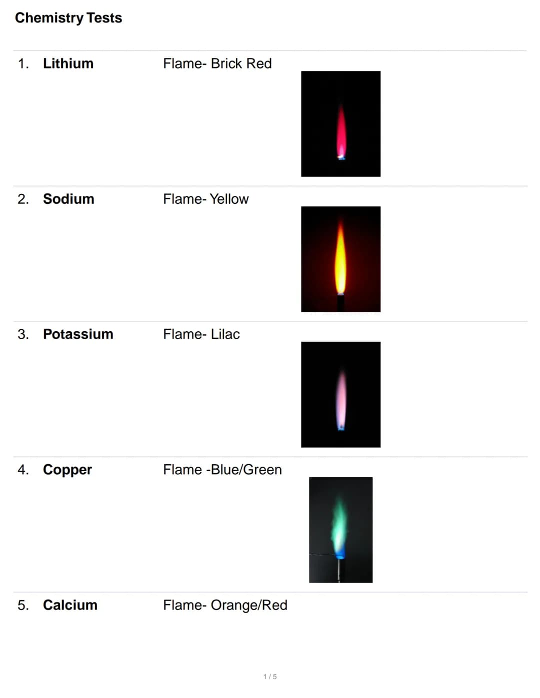 Chemistry Tests
1. Lithium
2. Sodium
3. Potassium
4. Copper
5. Calcium
Flame- Brick Red
Flame- Yellow
Flame- Lilac
Flame -Blue/Green
Flame- 