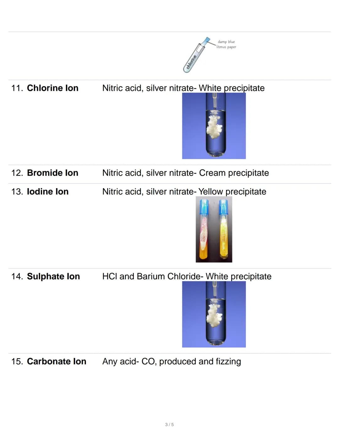 Chemistry Tests
1. Lithium
2. Sodium
3. Potassium
4. Copper
5. Calcium
Flame- Brick Red
Flame- Yellow
Flame- Lilac
Flame -Blue/Green
Flame- 