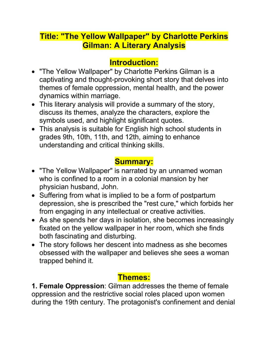 Title: "The Yellow Wallpaper" by Charlotte Perkins
Gilman: A Literary Analysis
Introduction:
• "The Yellow Wallpaper" by Charlotte Perkins G